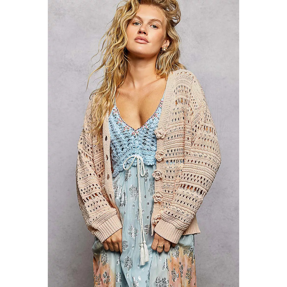 POL Open-Knit Floral Button Cardigan